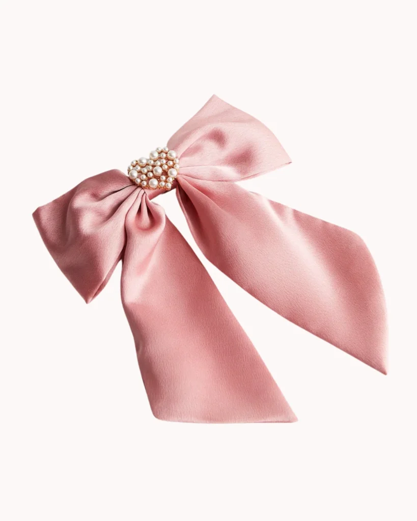 Pink satin heart bow hair slide