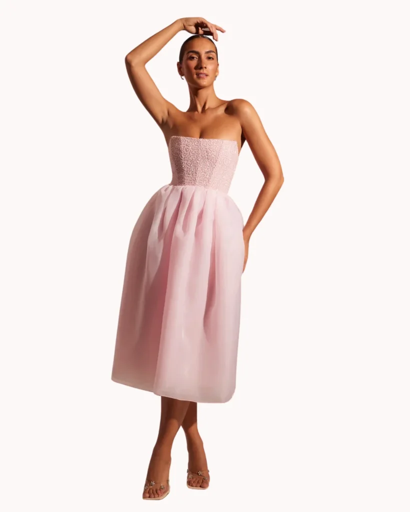 Embellished corset tulle midi dress. Barbiecore Trend