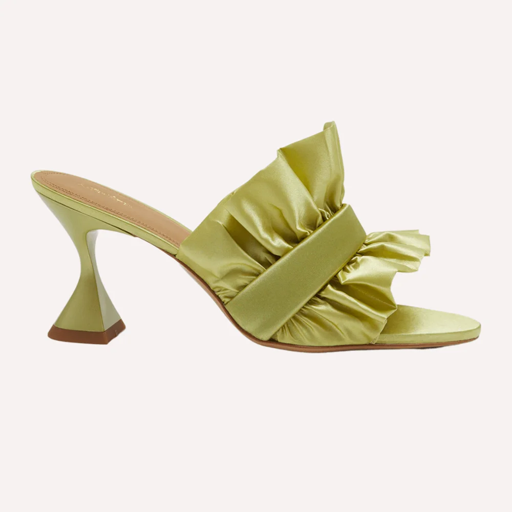 Olive+green+satin+mules. mermaidcore