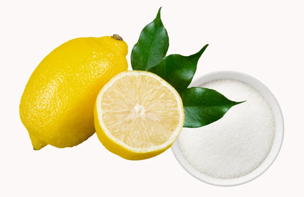 Ingredients collage for lemon and sugar skin lightening scrub