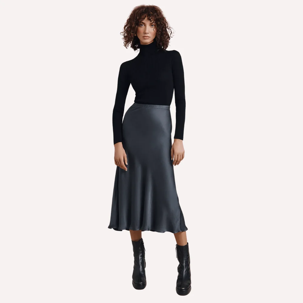 Model dark grey satin midi skirt