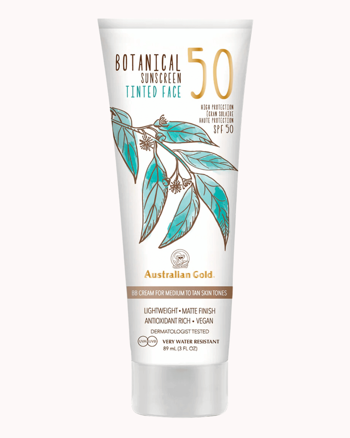 Australian gold botanical sunscreen tinted face spf50 on plain pastel pink background