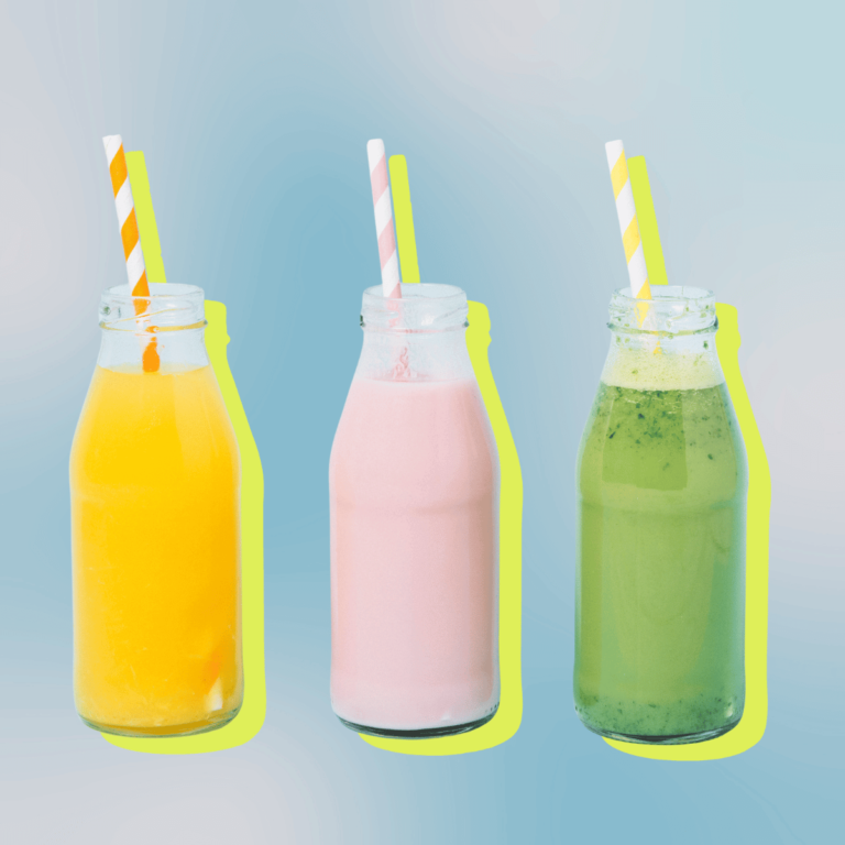 Thumbnail. Three different flavoured smoothies in glass bottle beside each other. On a pastel blue gradient background