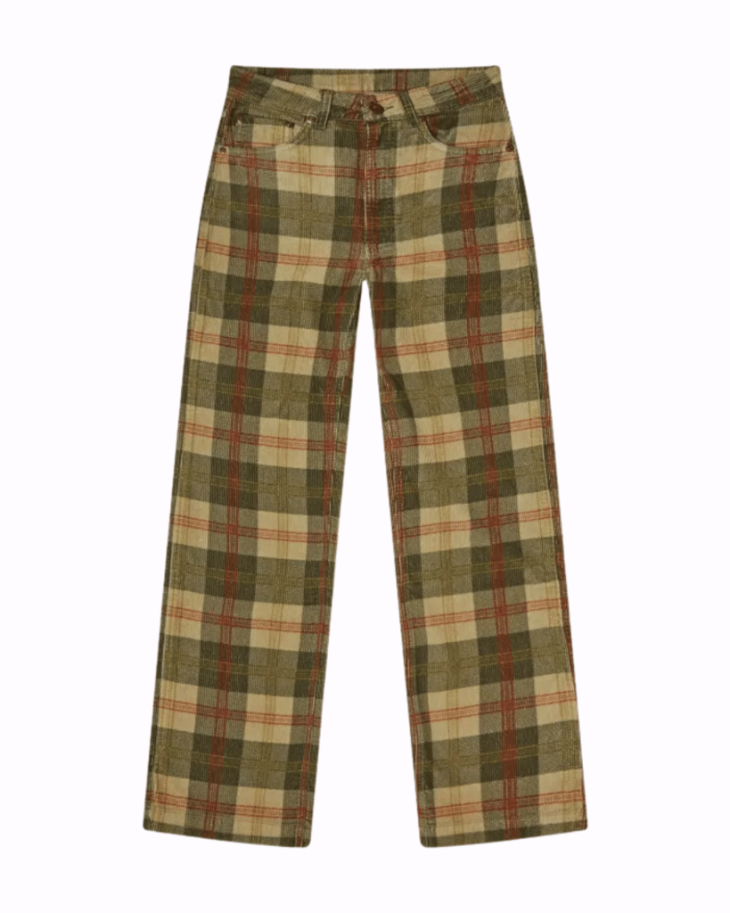 tartan corudroy trousers on an plain pastel pink background