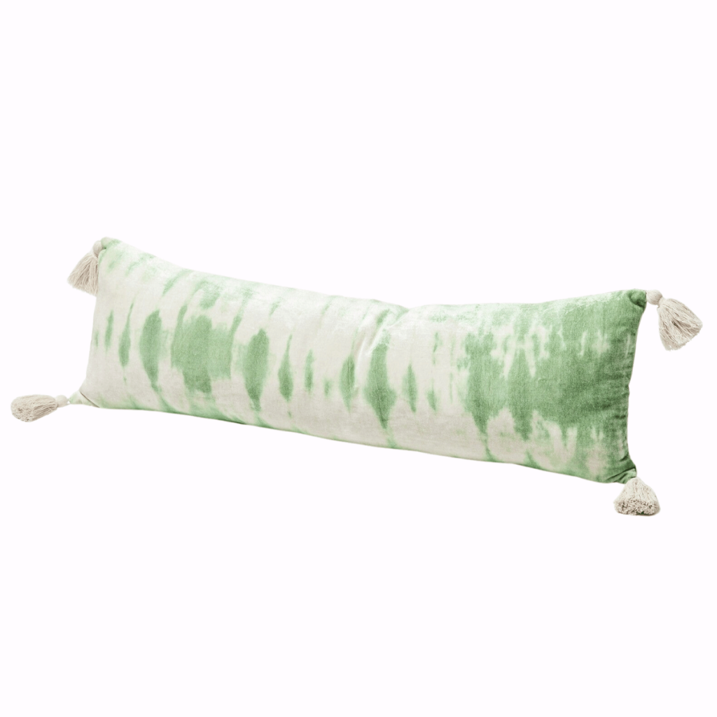 Solis Tie Dye Green Chenille Bolster Cushion Cover. Dopamine decor