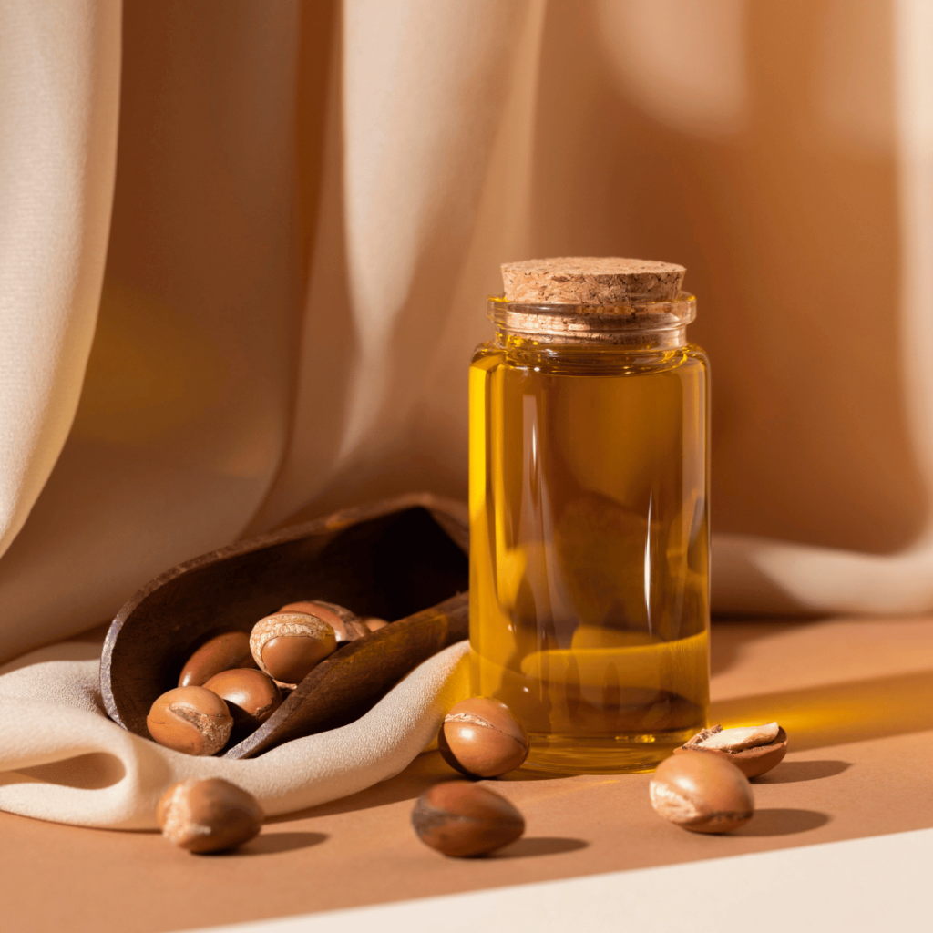 argan oil in a small bottle surrounded by argan nuts