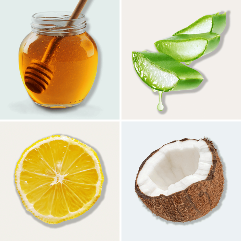 collage of ingredients for a DIY hair mask for dry itchy scalp