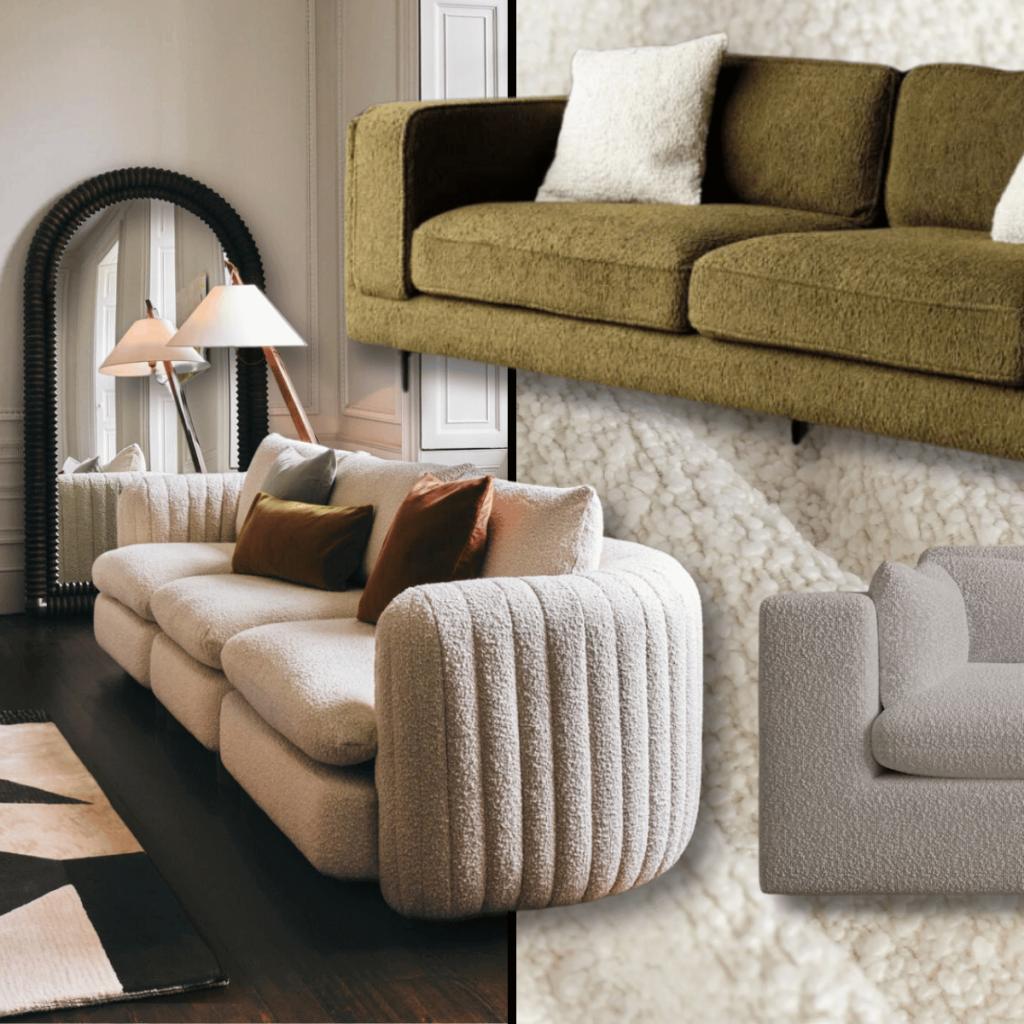 Illustration collage of three boucle sofas