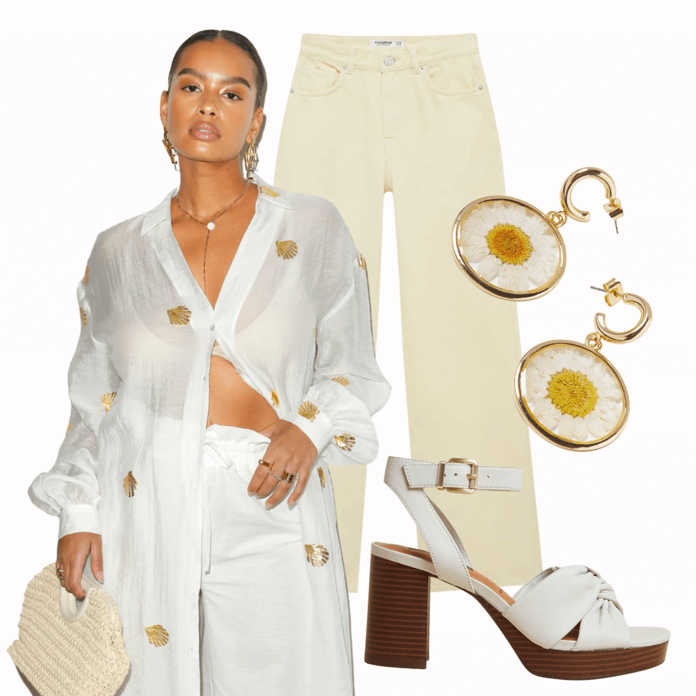 collage of an outfit. Shell long shirt, pale yellow jeans, floral earring and platform sandals