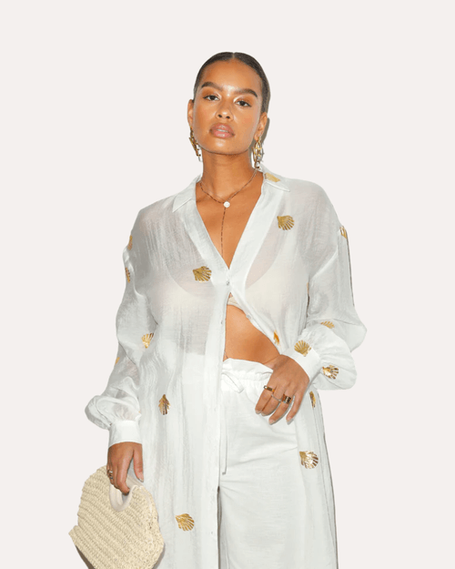 white long shirt dress with gold shell appliques