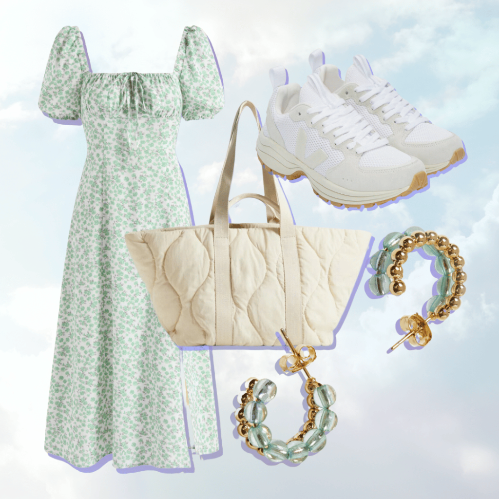 Summer Date outfit ideas in a collage format. Include a floral square neck maxi dress, shopper bag and chunky trainers