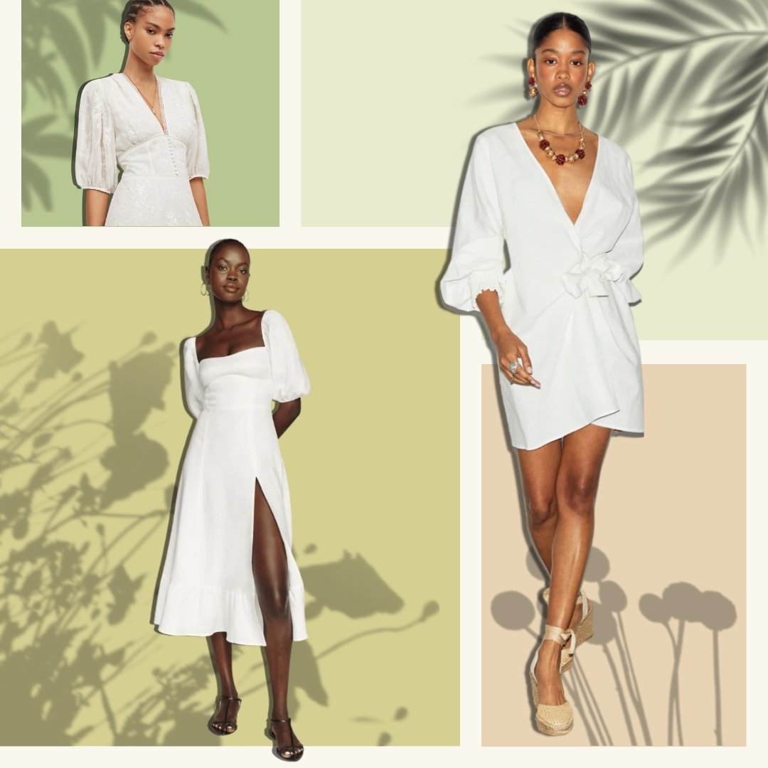 Collage of women wearing white summer dresses. best casual white summer dresses