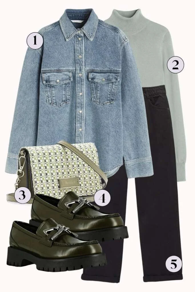 Denim layered outfit including a denim shirt, turtleneck jumper and black trousers.