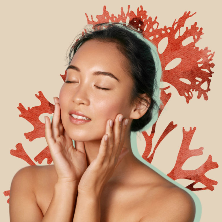 Woman touching her face with an illustration of sea moss behind her