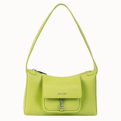 Lime green handbag on a plain background. Vegan Luxury Brands