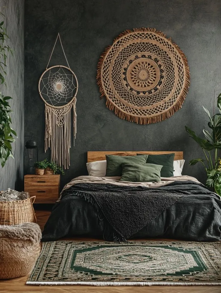 Dark green boho bedroom. Dark And Moody Bedroom Ideas