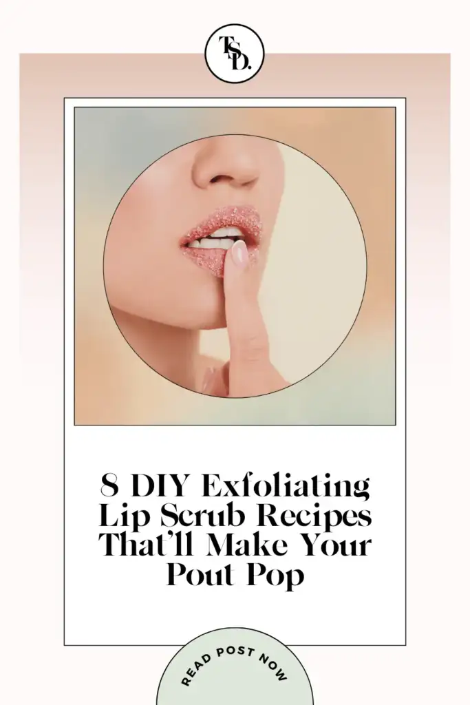 Pin for Pinterest. Woman touching her lips covered in sugar. DIY exfoliating lip scrub