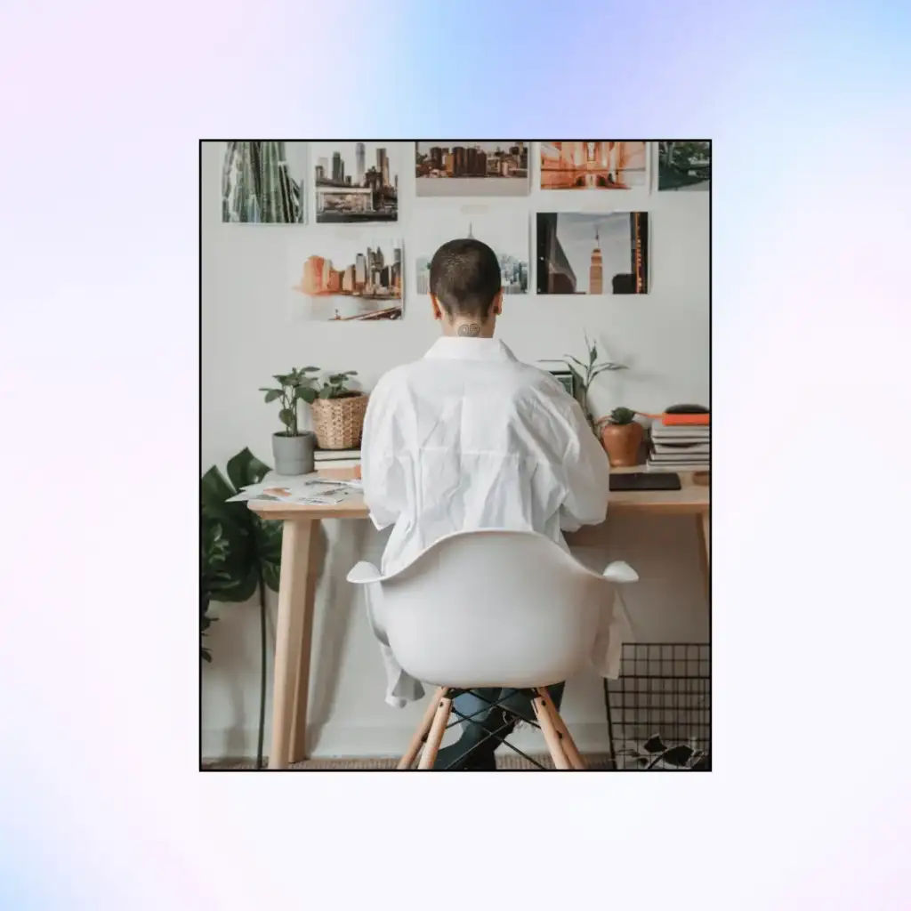 Self-Care Morning Rituals. Back view of a woman sitting at a desk