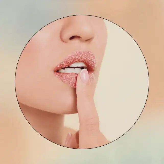 Woman touching her lips covered in sugar. DIY exfoliating lip scrub