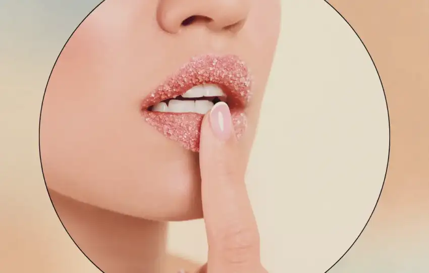 Woman touching her lips covered in sugar. DIY exfoliating lip scrub