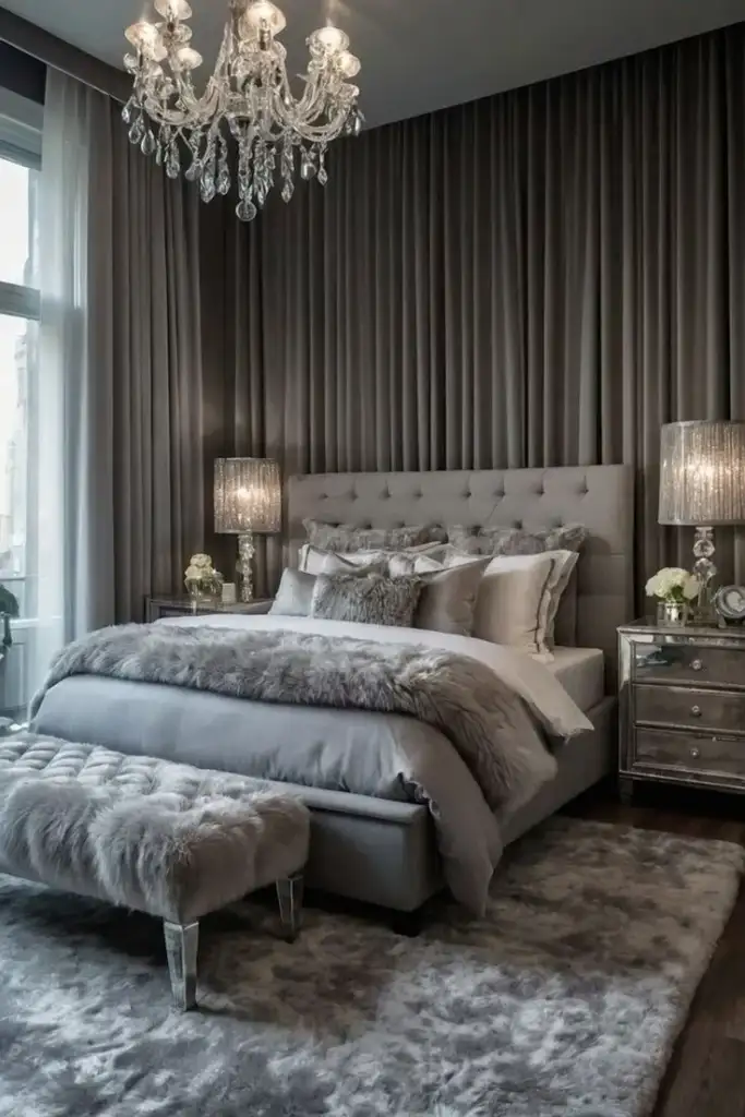 dark bedroom with metallic and silver accents