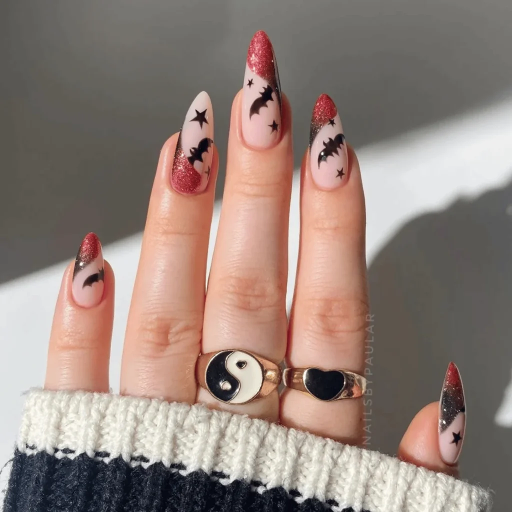 Batman Red Glitter Halloween Nails