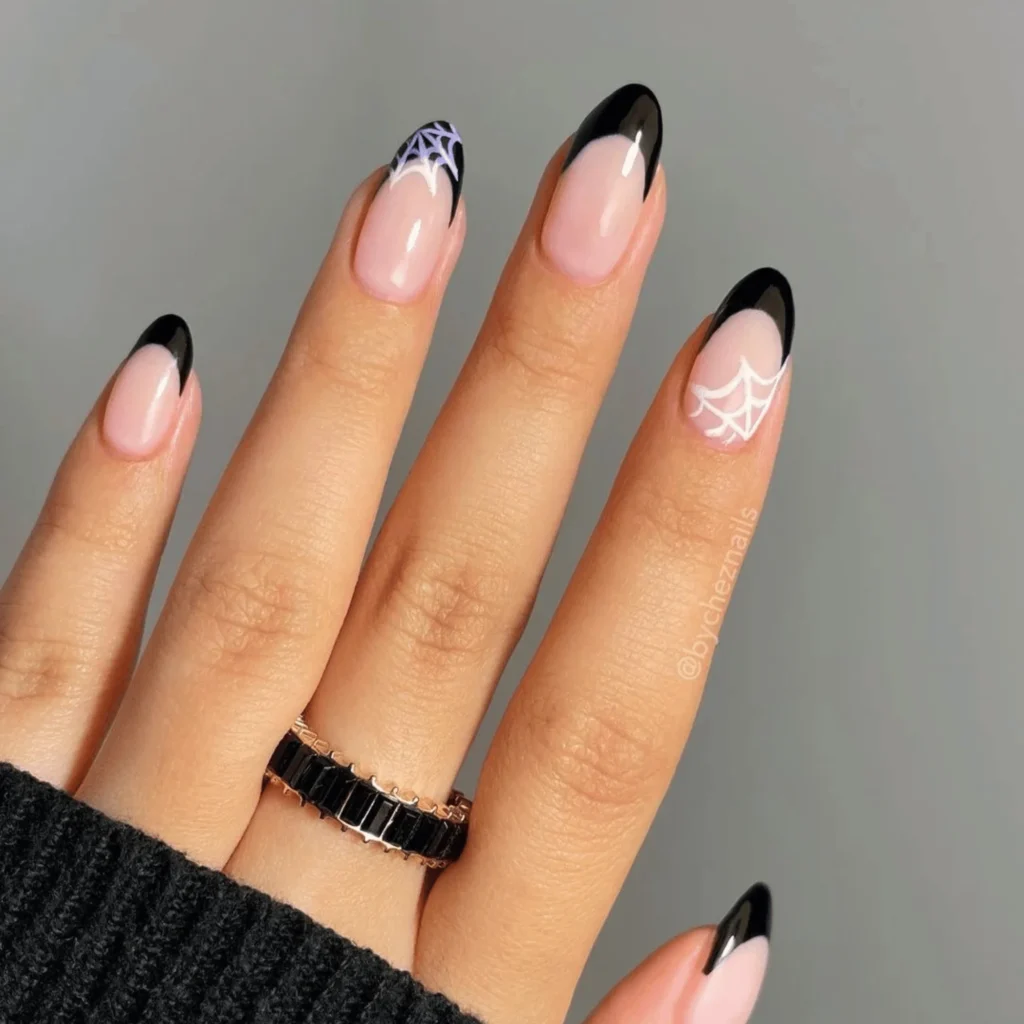 Black tips spider web Halloween nails