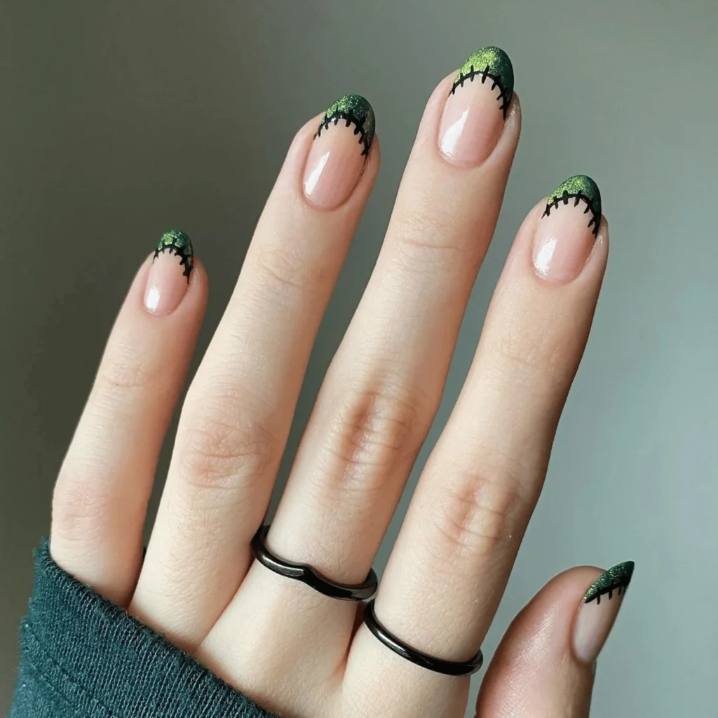 Frankenstein Frenchie velvet green stitch Halloween nails