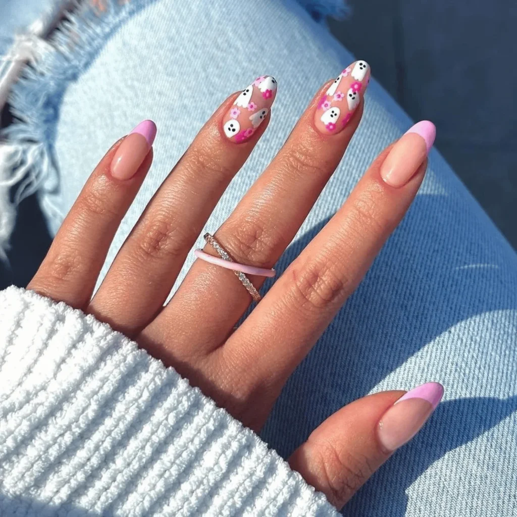 Pink floral ghost halloween nails