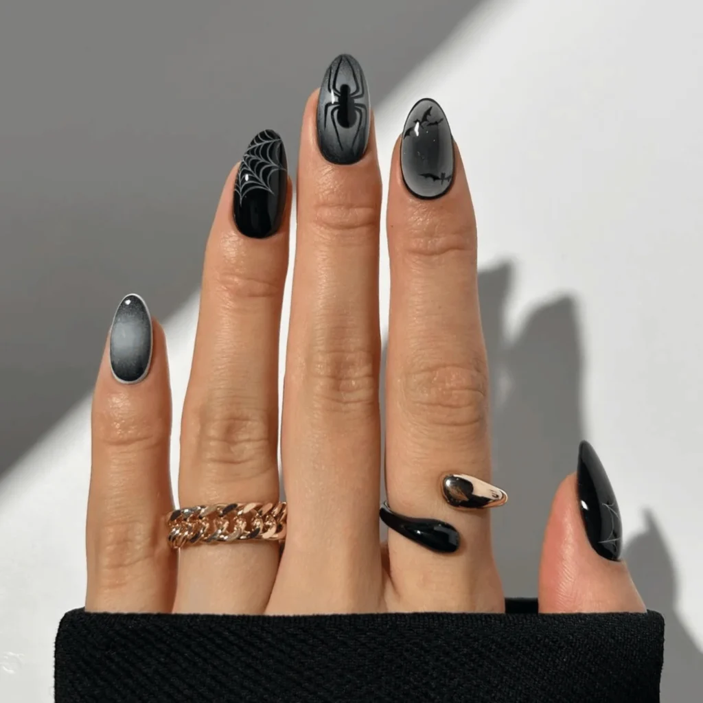 b&w creepy-crawly mix and match halloween nails