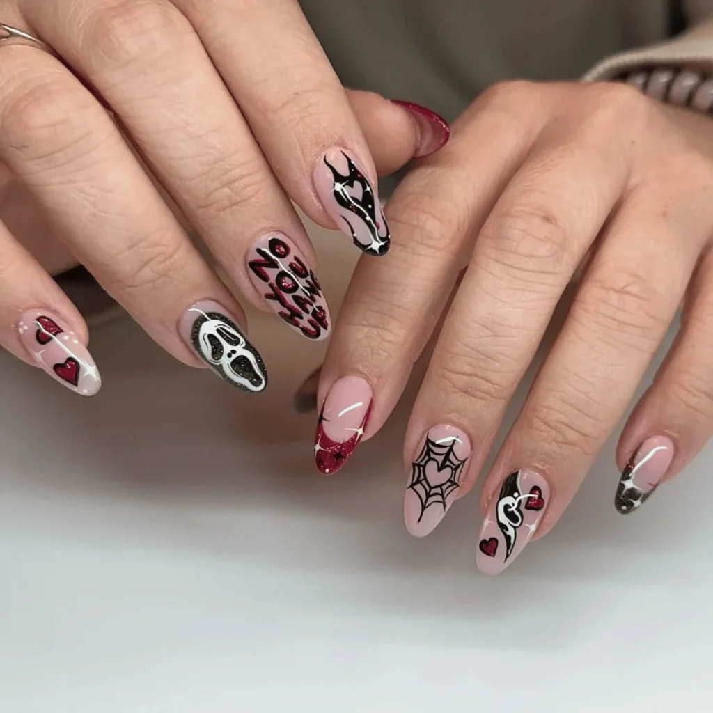 ghostface pink and black halloween nails