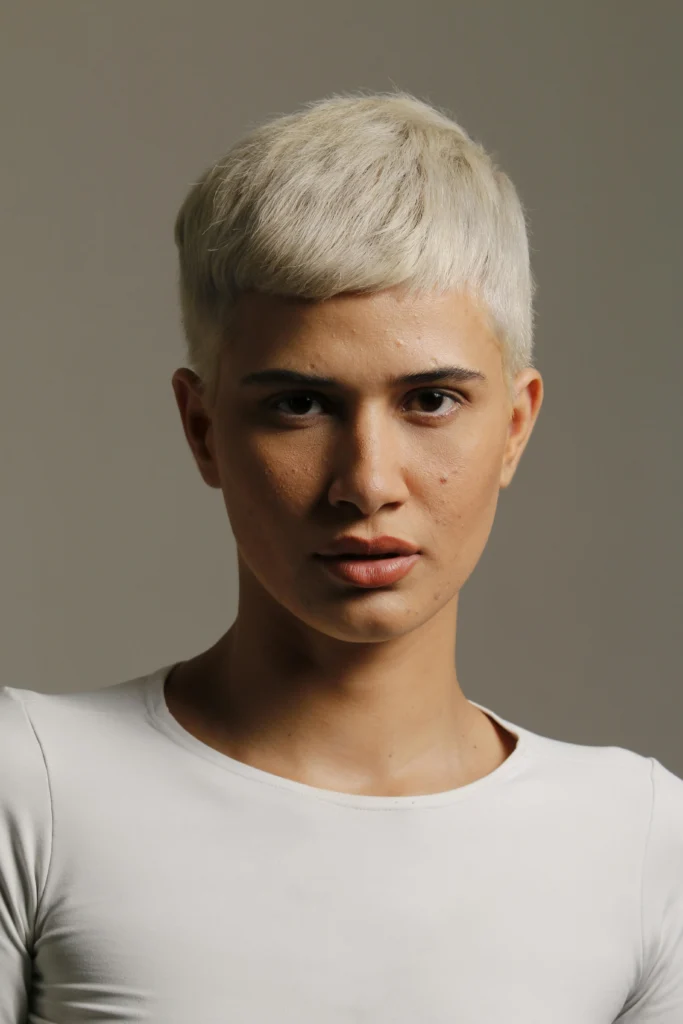 medium shot of a model with short platinum blonde hair