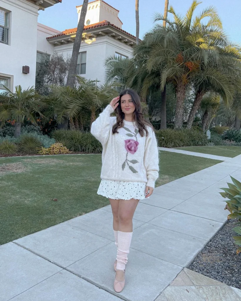 balletcore outfit with a rose detail jumper