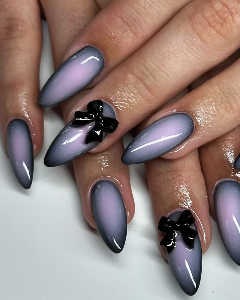 Purple and black bow nails