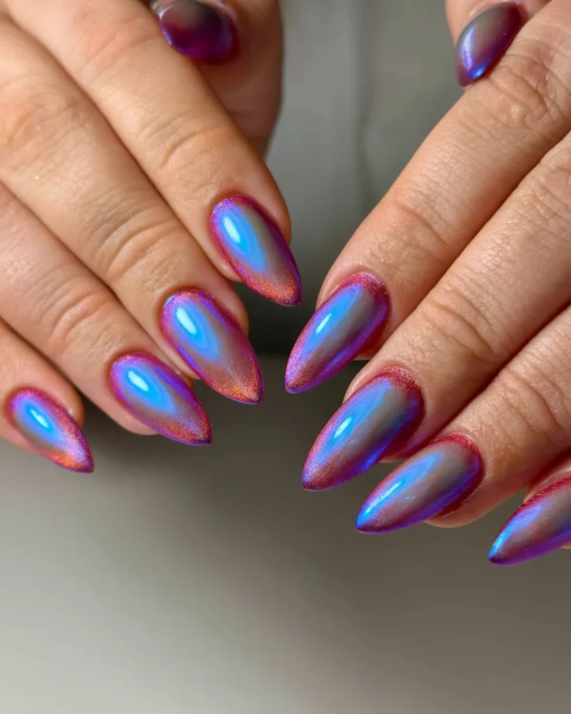 blue and red aura and chrome nails