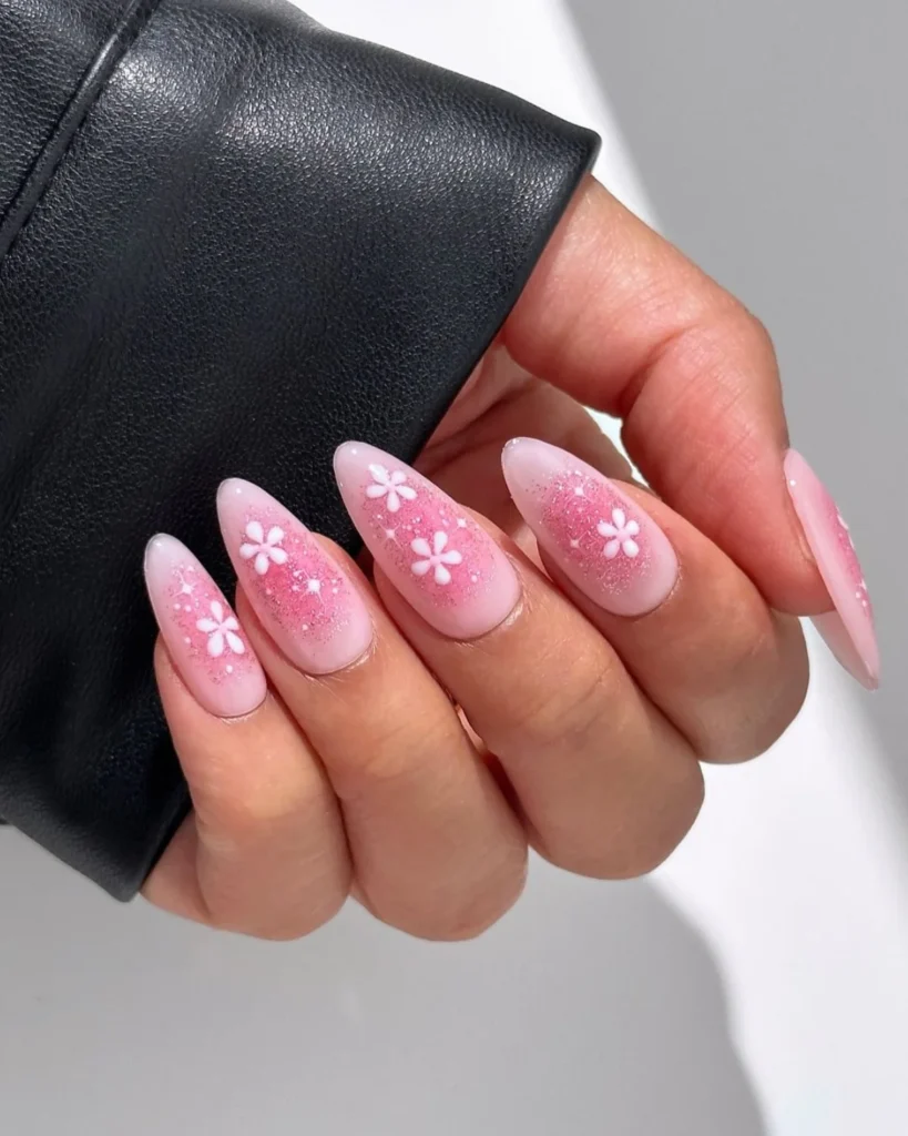 pink glitter flower nails. Aura Nail Designs