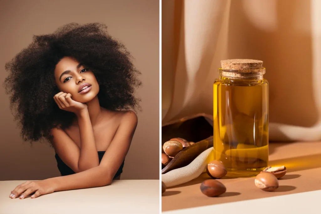 split image of a beautiful black woman with afro hair and argan oil. Is Argan Oil Good For Curly Hair