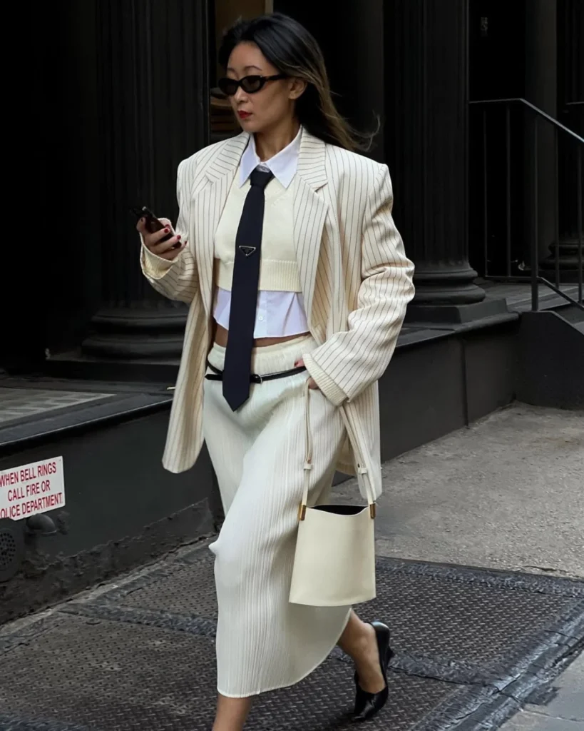 Asian woman wearing a white pinstripe blazer outfit with matchng skirt