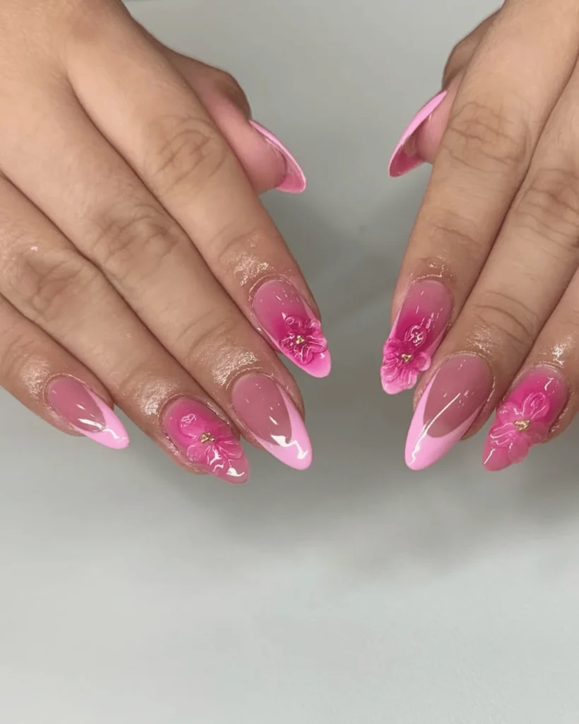 3D pink florals nails