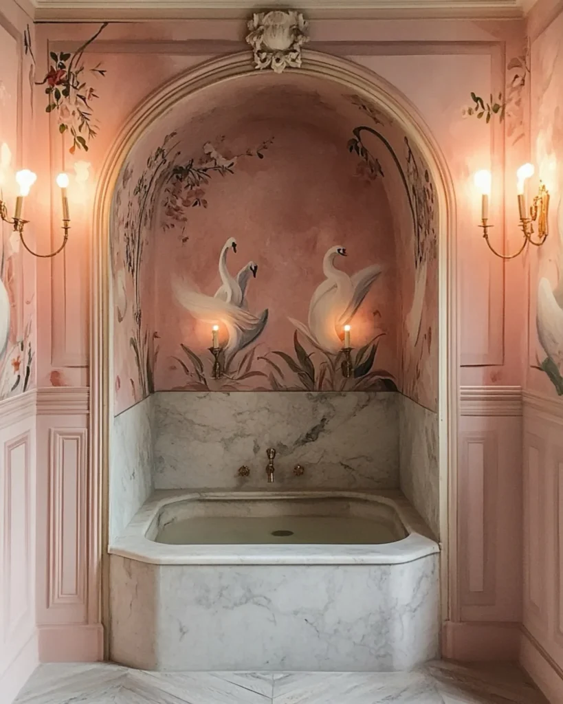 Marble square tub with swan wallpaper