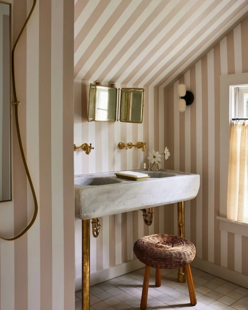 Pink and white striped bathroom