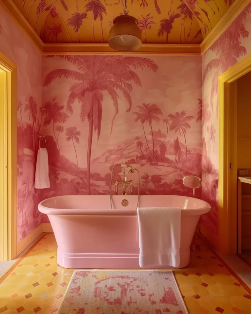 Pink and yellow bathroom. 