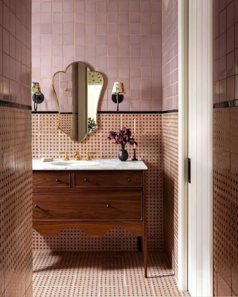 vintage bathroom with a brown cabinet