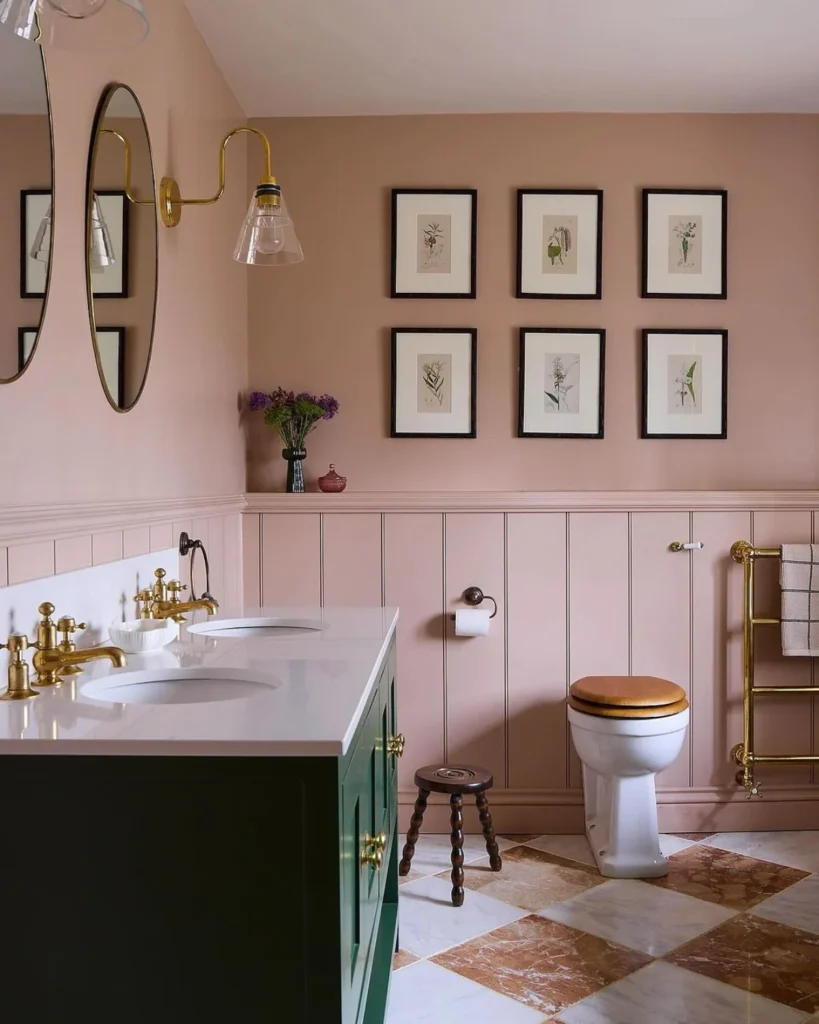 bathroom with deep green cabinet.