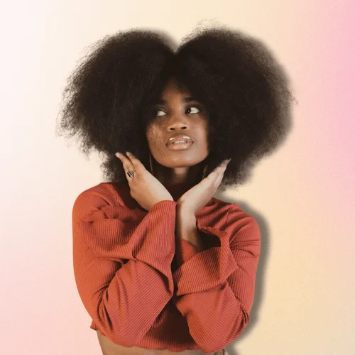 Woman with afro facing the camera and wearing a red top. best oils for low porosity hair