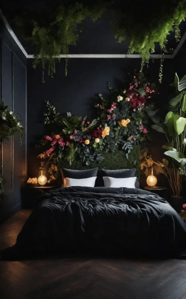 black bedroom with white accents and floral accents