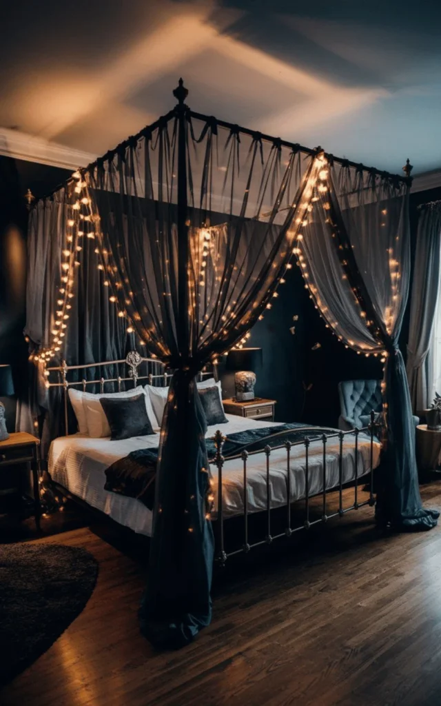 dark bedroom with four-poster bed and fairy lights. Dark Romantic Bedroom Ideas