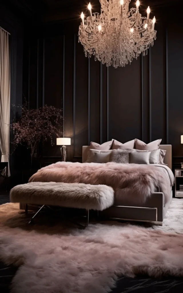 dark romantic bedroom with a pink fau fur rug and throw