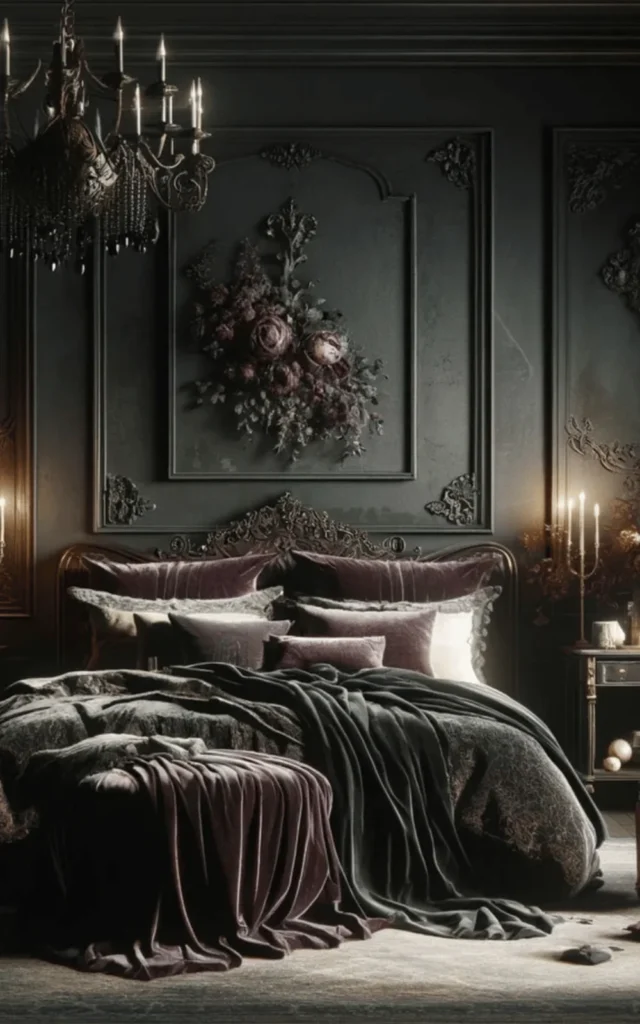 dark romantic bedroom with velvet throw and floral details. Dark Romantic Bedroom Ideas