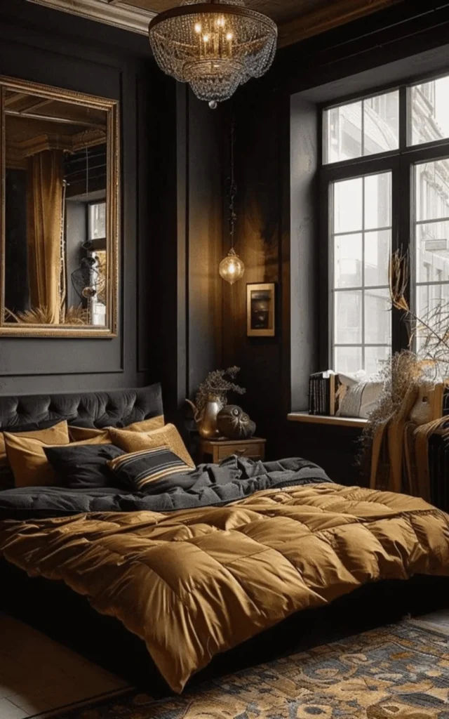 mustard and black dark bedroom idea